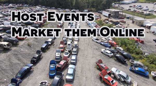 drone flying over vehicle salvage yard with text overlay reading host events market them online